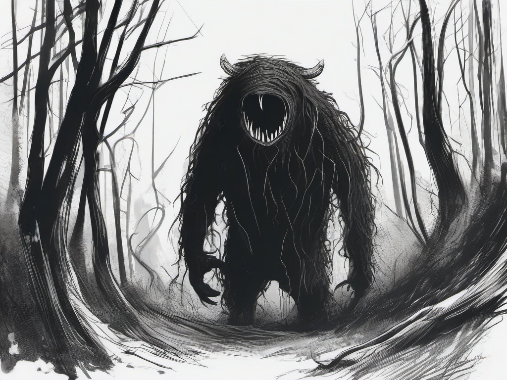 drawing of a monster in a haunted forest  minimal rough sketch scribbles,doodles,black and white