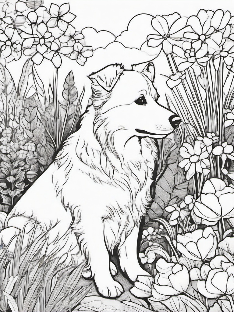 Dog in a Garden Coloring Pages - Pup Exploring a Colorful Garden  minimal black outline printable sheet, coloring page