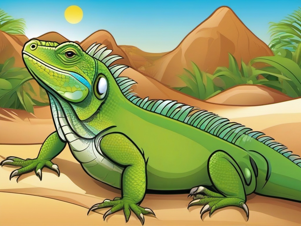 Iguana Cartoon - Cartoon of iguana basking in the sun  