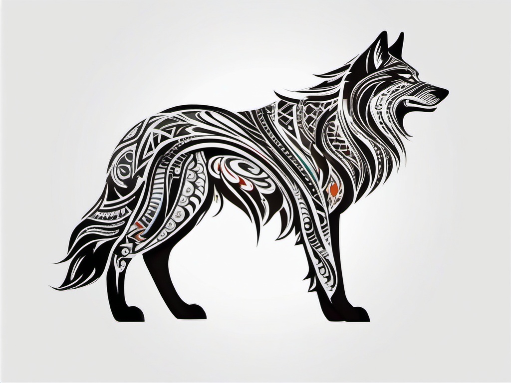 Tribal Wolf,intricate tribal patterns, united to pay homage to the wolf's spirit, symbol of unity and strength. , color tattoo design, white clean background