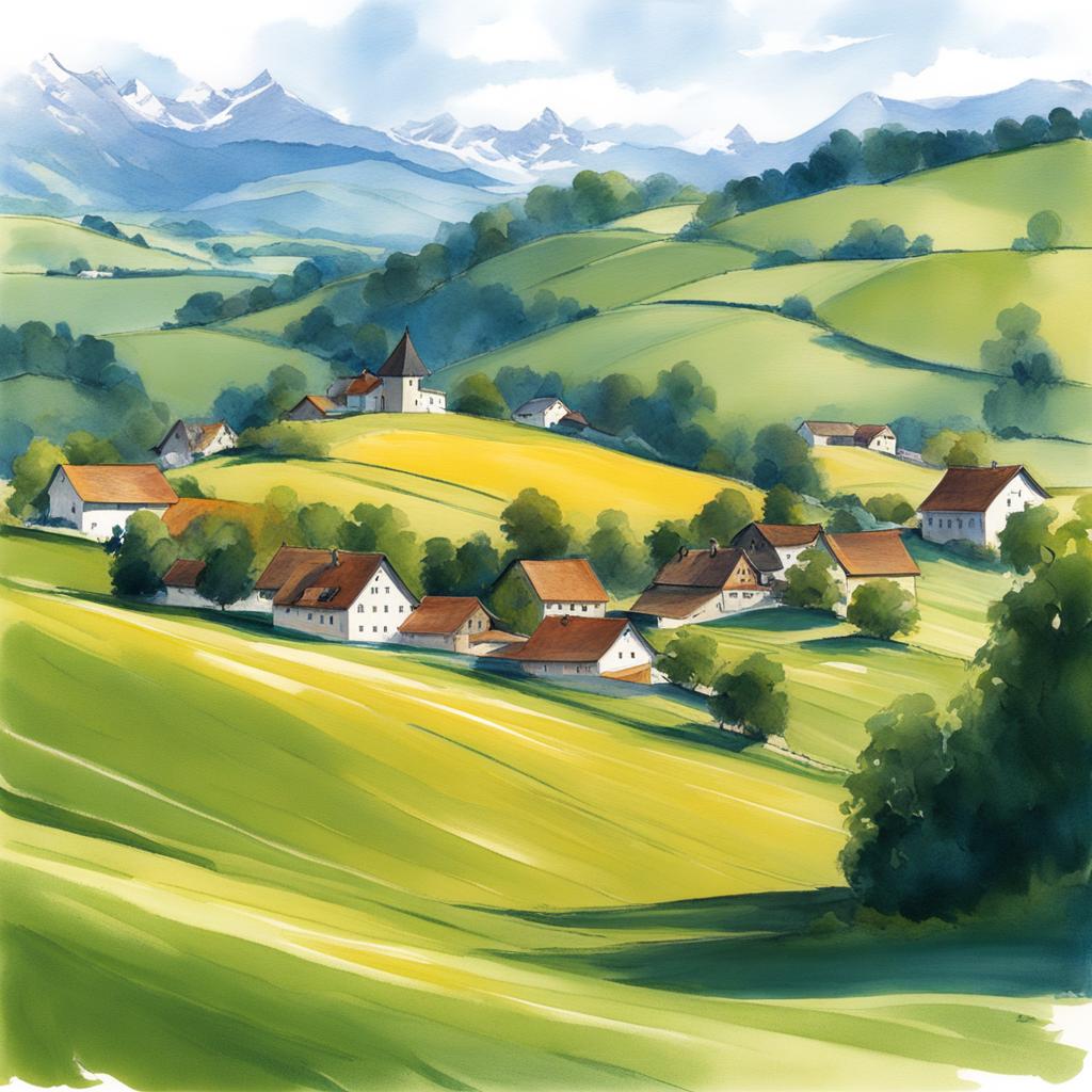 untouched toggenburg hills - sketch the untouched beauty of toggenburg hills, showcasing rolling pastures and traditional swiss architecture. 