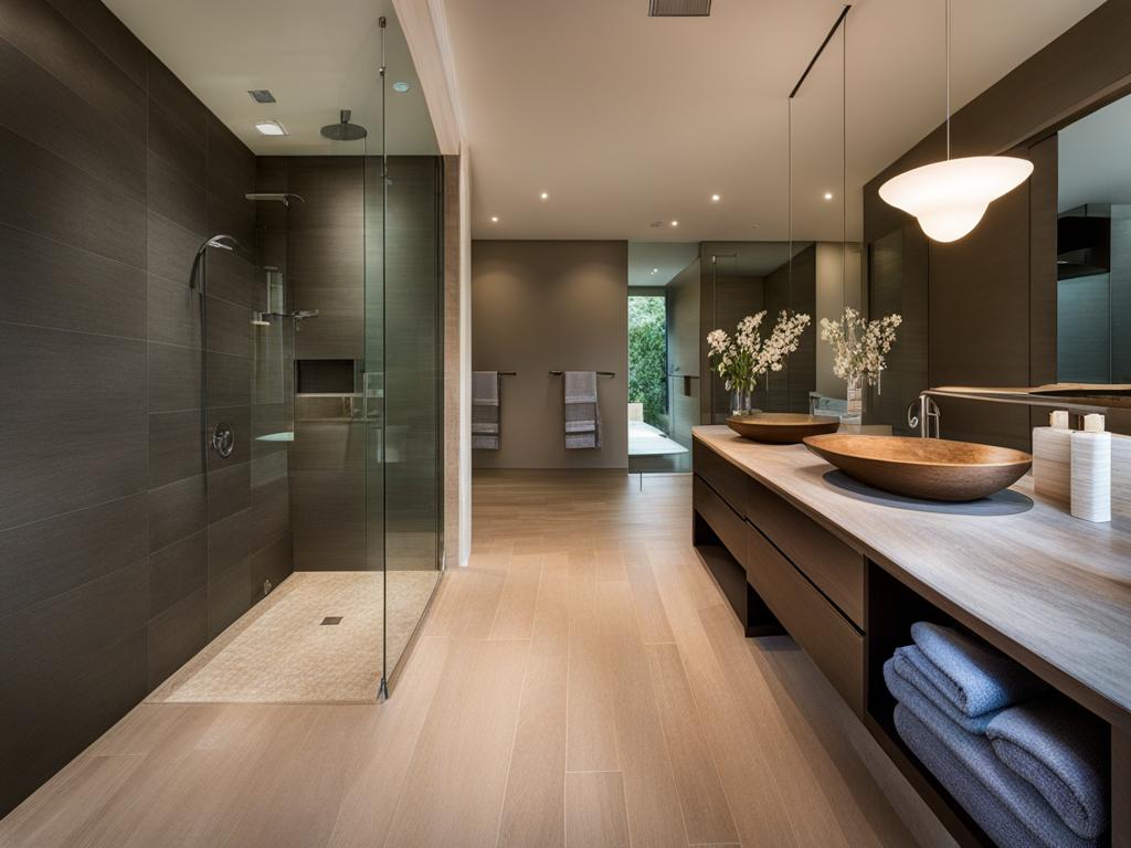 spa-like bathroom with a rain shower and natural stone accents. 