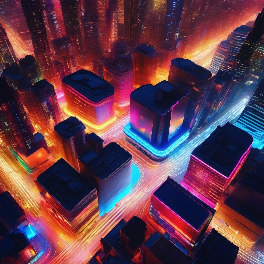 Neon city lights top view, photo realistic background, hyper detail, high resolution