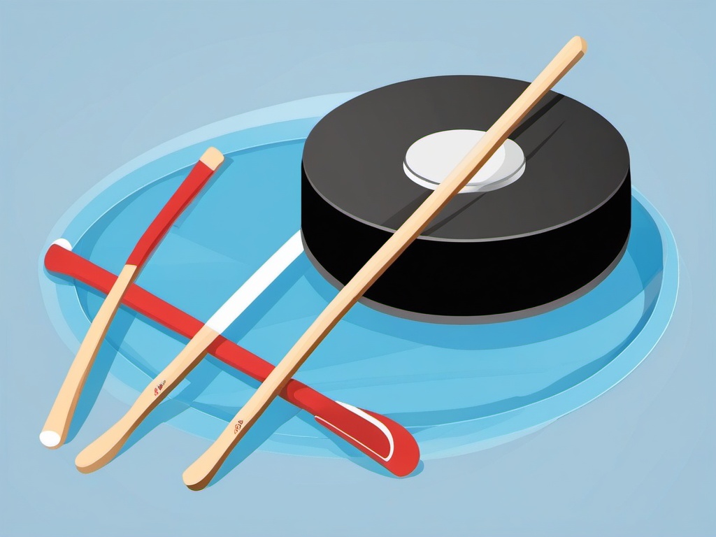 Hockey Puck and Sticks Clipart - A hockey puck and sticks on the ice.  color vector clipart, minimal style