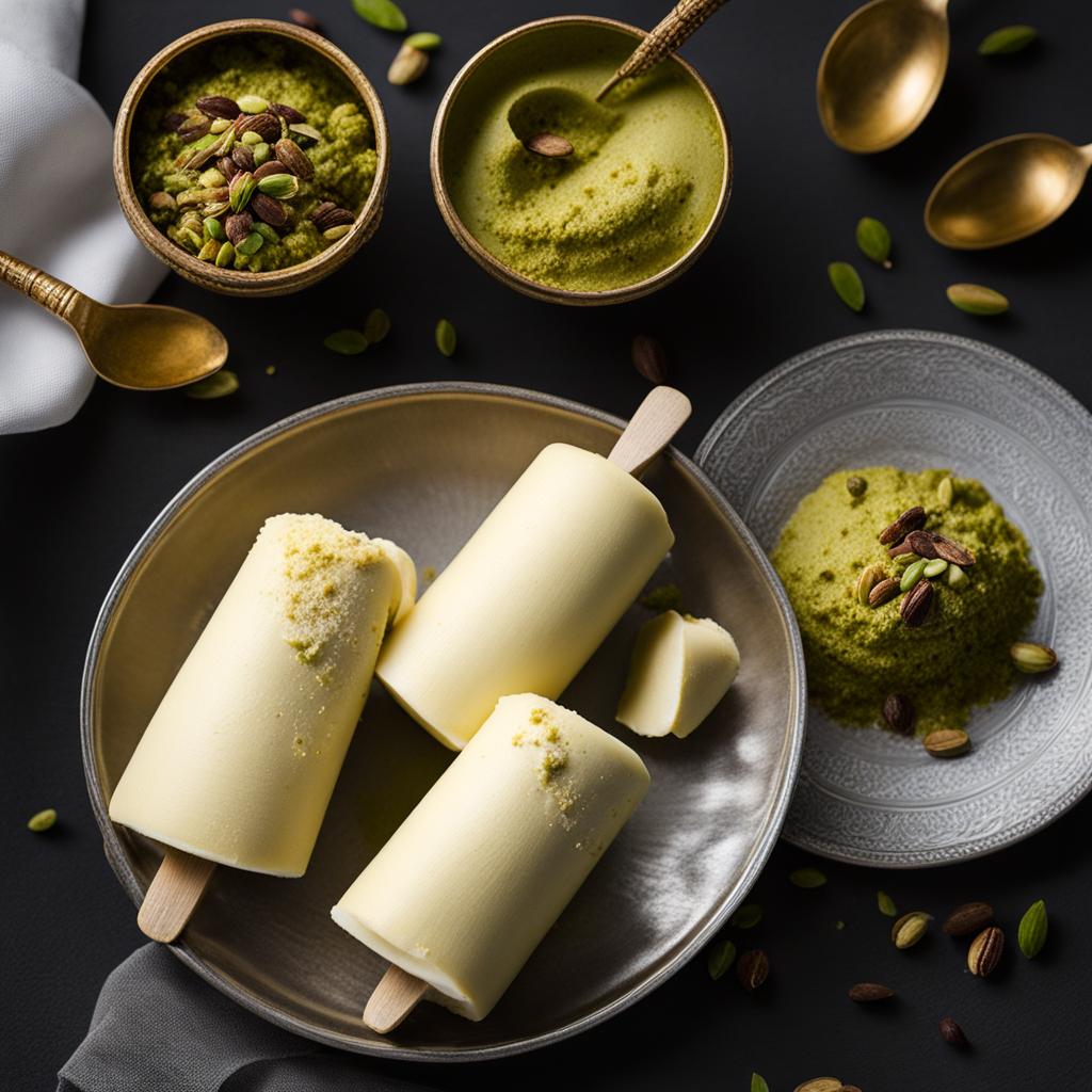 kulfi, a dense and creamy indian ice cream often flavored with cardamom and pistachio. 