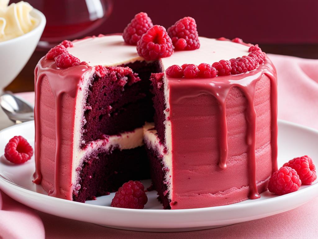 red raspberry velvet cake with raspberry cream cheese icing, relished at a romantic date. 