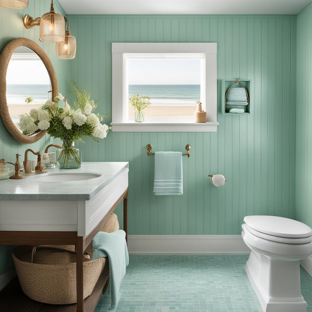 coastal-inspired bathroom with seafoam green tiles and nautical decor. 