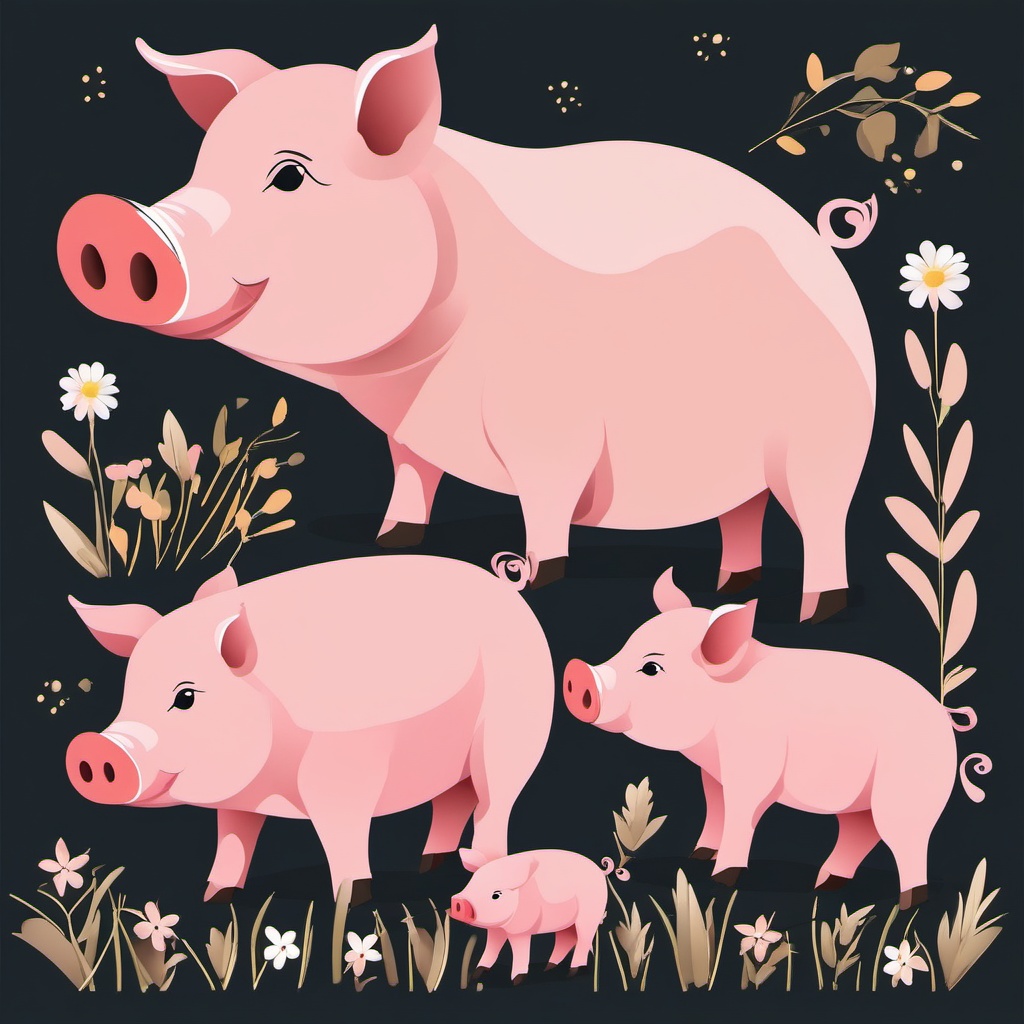 Pig and Piglet clipart - Mother pig with her piglets, ,vector color clipart,minimal