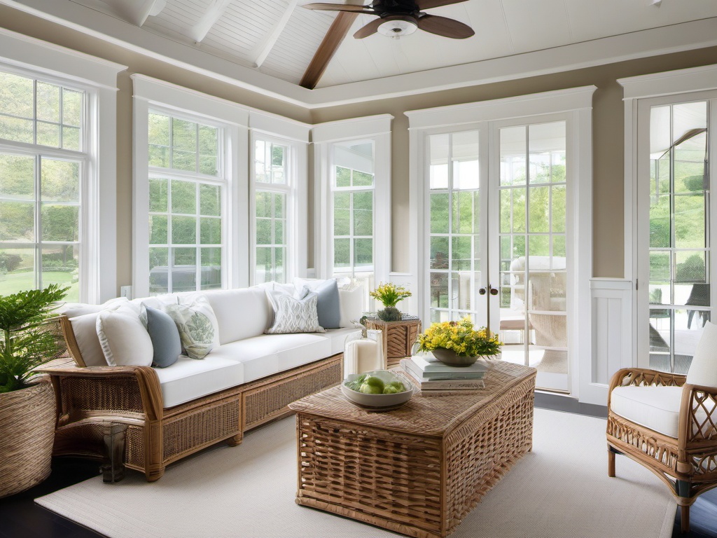 A sunroom with Hampton interior design highlights large windows, light fabrics, and natural decor that create a bright and airy space to enjoy the beauty of the outdoors.  