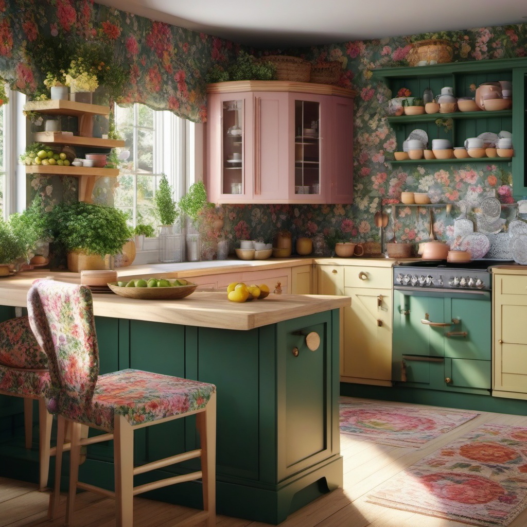 Cottagecore Comfort - Design a cozy cottagecore kitchen with floral patterns. , kitchen layout design ideas, multicoloured, photo realistic, hyper detail, high resolution,