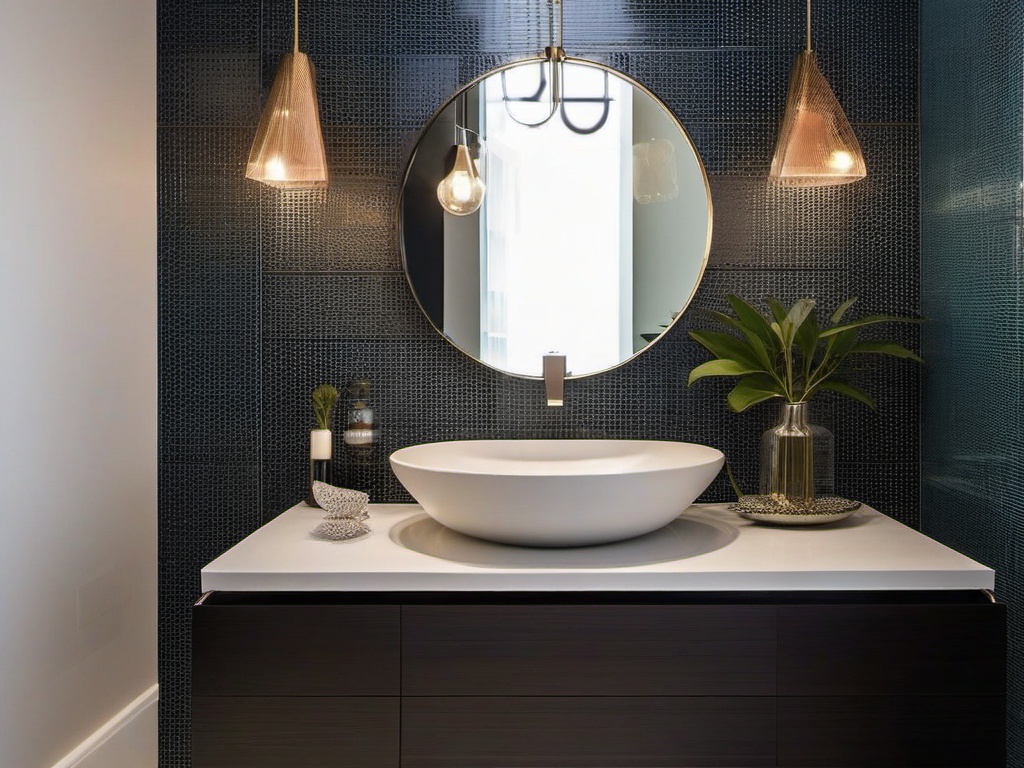 Contemporary small bathroom showcases stylish tiles, a wall-mounted sink, and modern lighting fixtures, creating a chic and inviting atmosphere.  