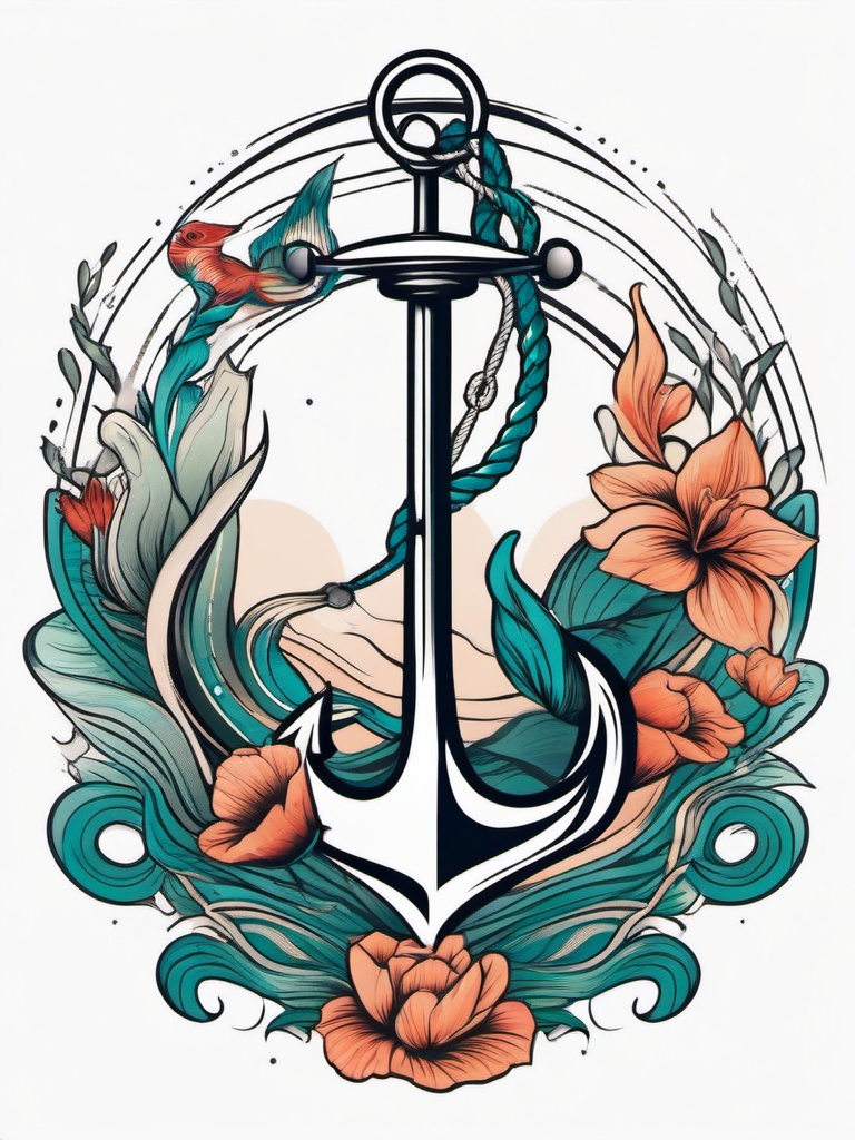 Anchor Mermaid Tattoo - Embrace nautical aesthetics with a captivating tattoo featuring an anchor and a mermaid.  simple vector color tattoo,minimal,white background