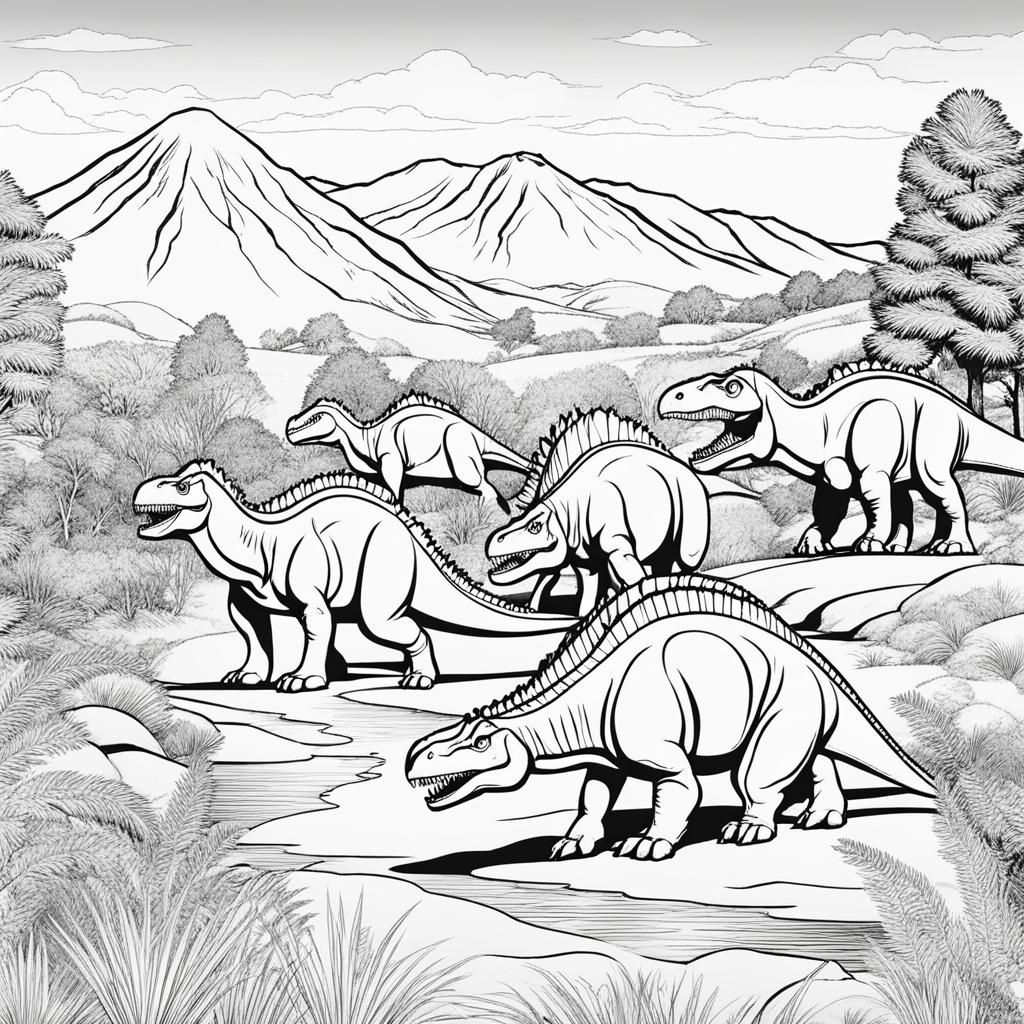 dinosaur coloring pages - a herd of gentle herbivore dinosaurs grazes in a peaceful valley. 