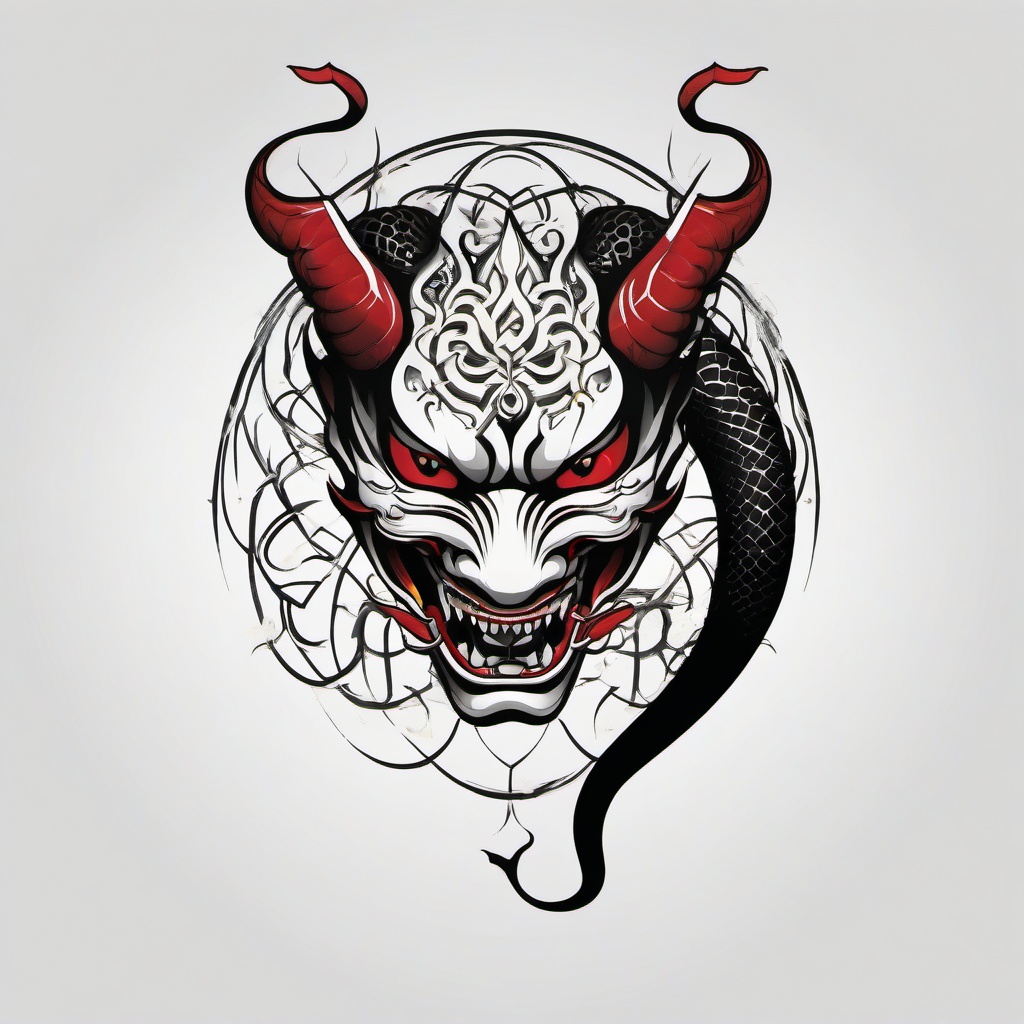 Hannya Mask Snake - Features the iconic Hannya mask alongside a snake motif, creating a powerful and symbolic tattoo design.  simple color tattoo,white background,minimal