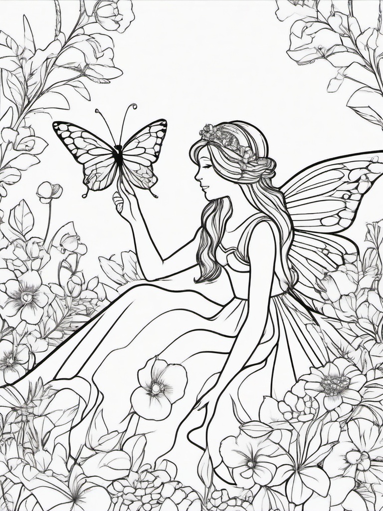 Fairy with a Rainbow Butterfly Coloring Pages - Fairy Playing with a Rainbow-Colored Butterfly  minimal black outline printable sheet, coloring page