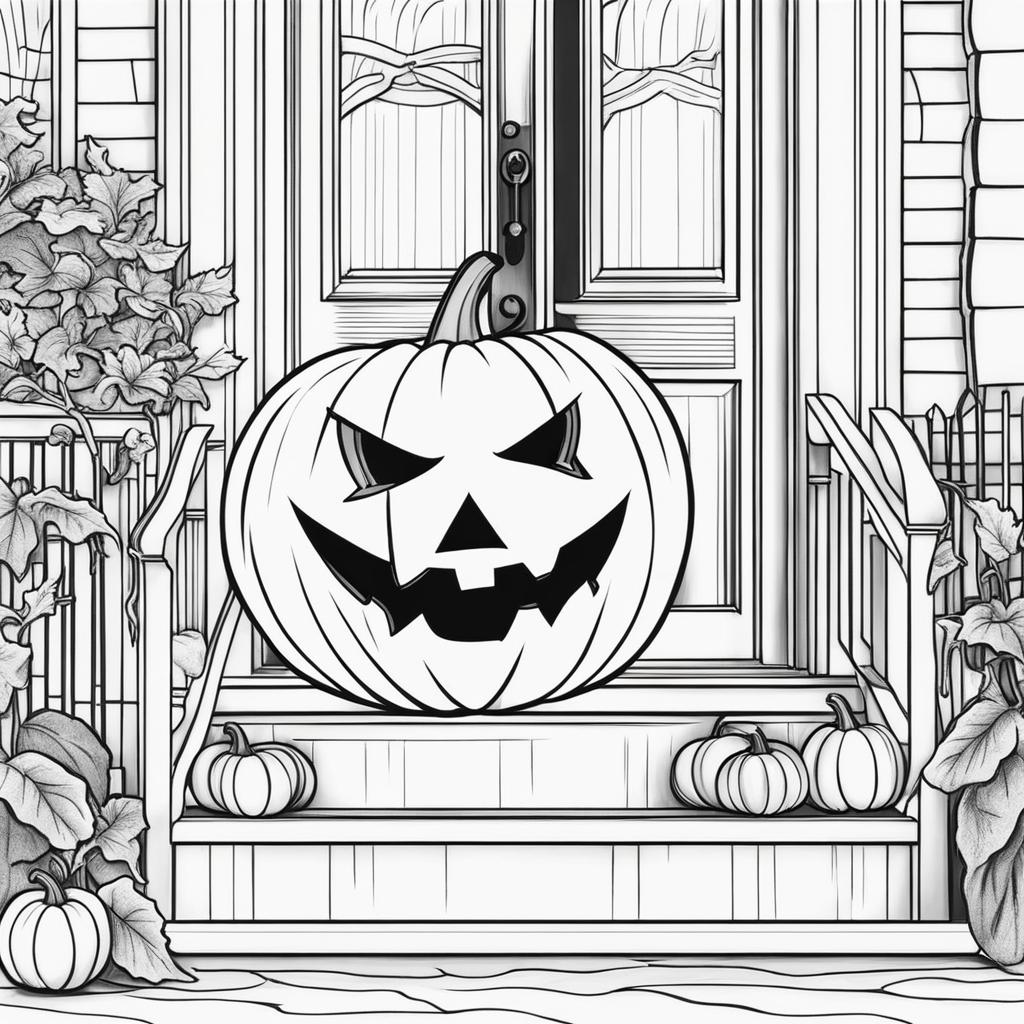 pumpkin coloring pages - a carved pumpkin with a spooky grin sits on a doorstep. 