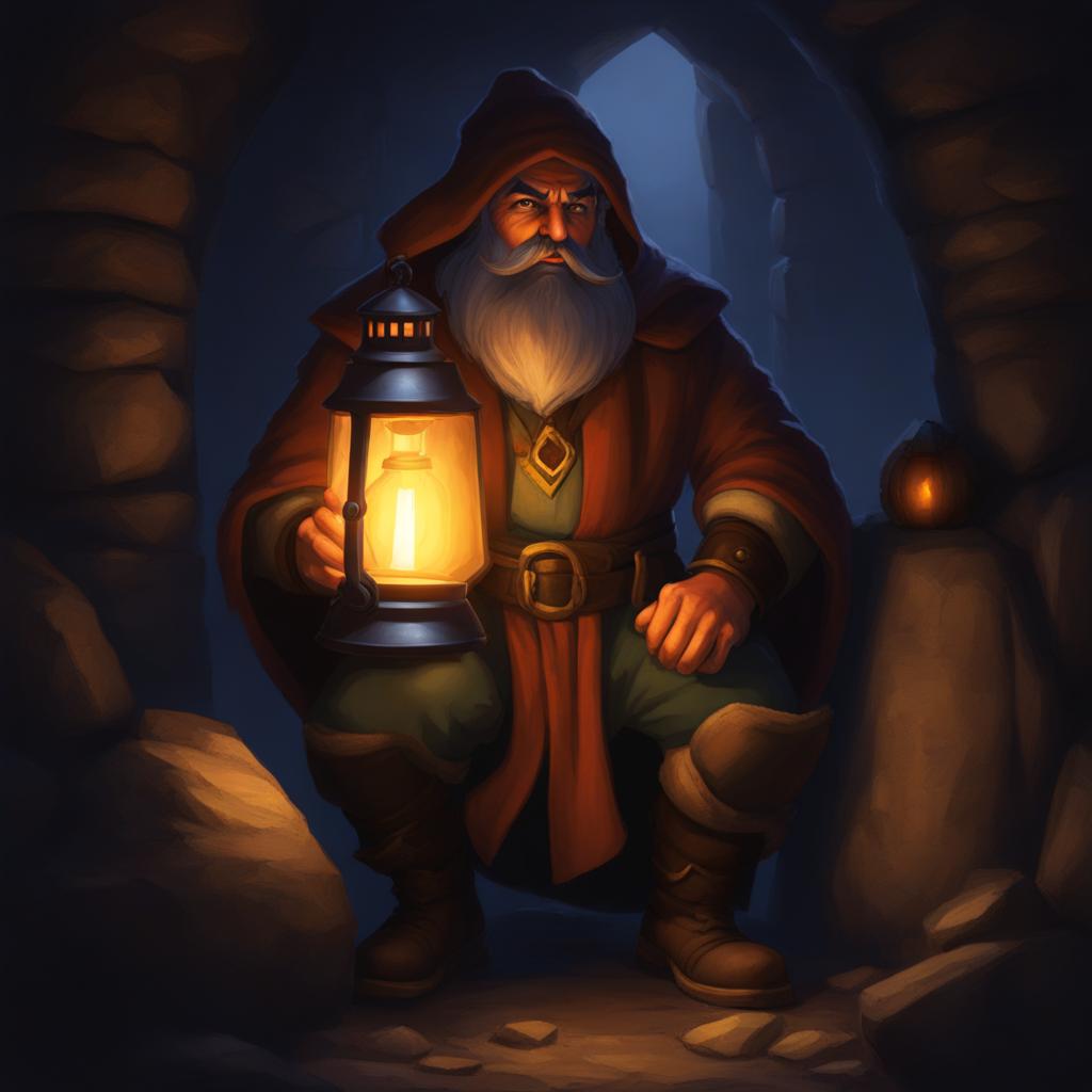 durnan the mysterious innkeeper lights the way in undermountain with his lantern. 