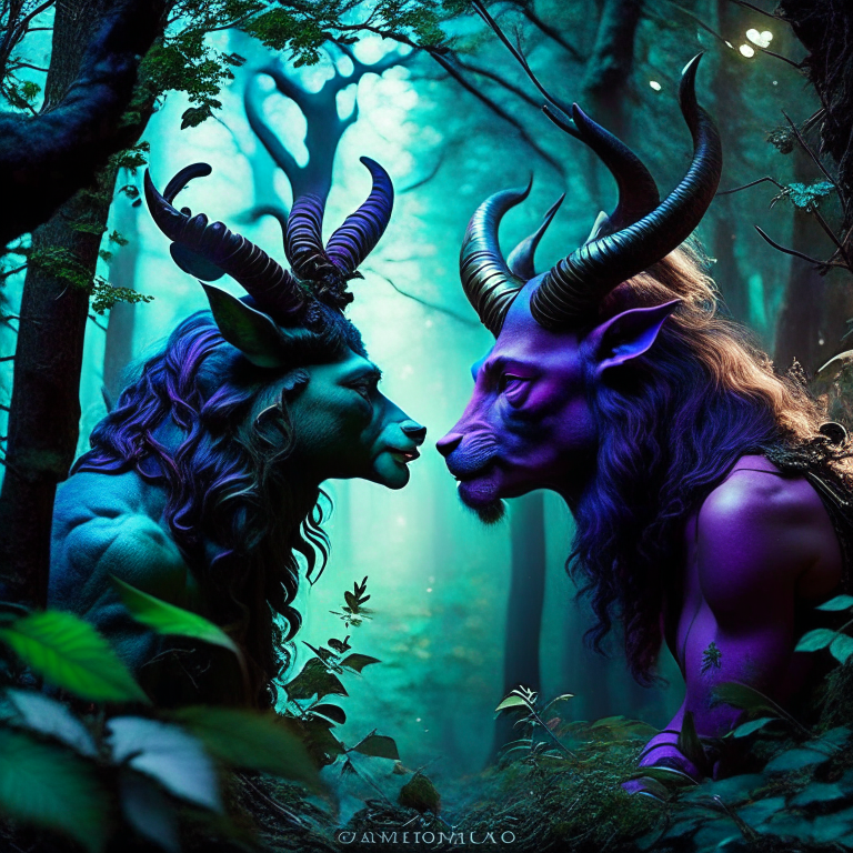 satyr vs faun - pan-like creatures clash in a twilight forest glade, music and mirth echoing through the trees. 