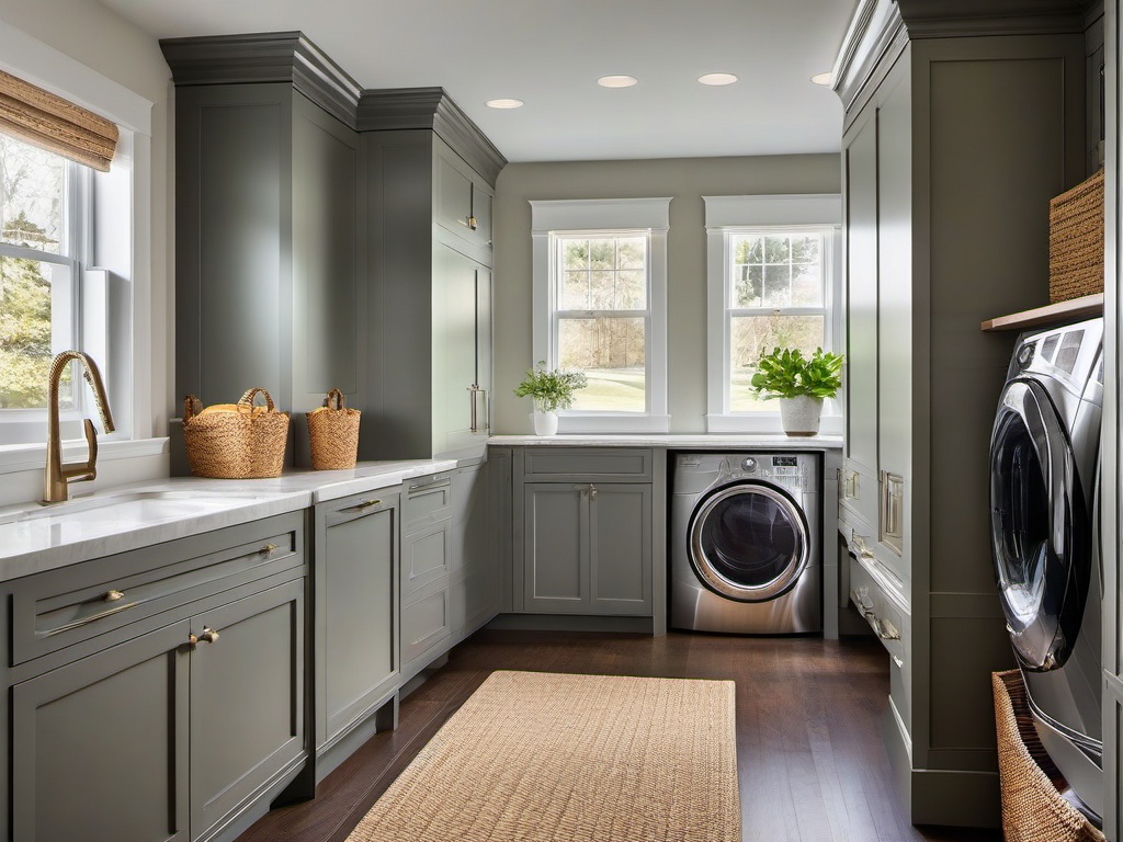 In the laundry room, traditional interior design includes functional cabinetry, elegant storage solutions, and a coordinated color scheme that makes chores feel more organized and appealing.  