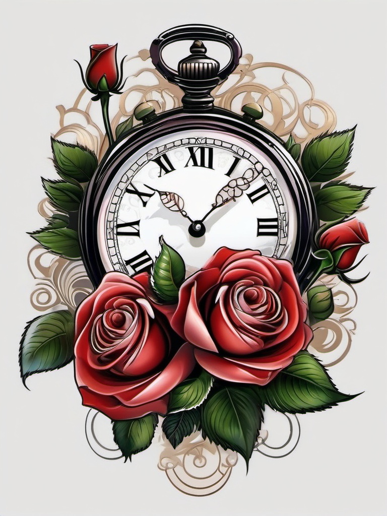 Rose and clock tattoo, Clock and a rose intertwined, reminder that time and love are forever linked. , tattoo color art, clean white background