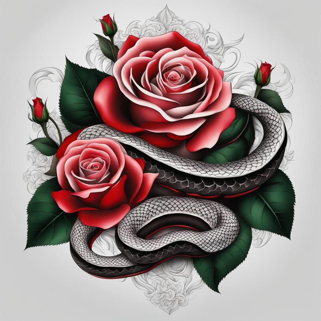 Snake and rose tattoo, Creative tattoos combining snake imagery with the elegance of roses.  color, tattoo patterns, white clean background