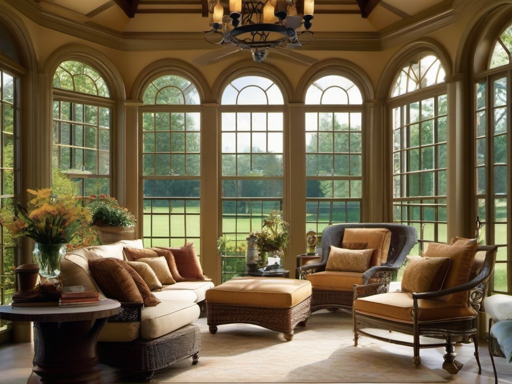 A sunroom with Italian Renaissance interior design highlights grand windows, rich fabrics, and classical elements that create a bright and elegant space to enjoy the beauty of the outdoors.  