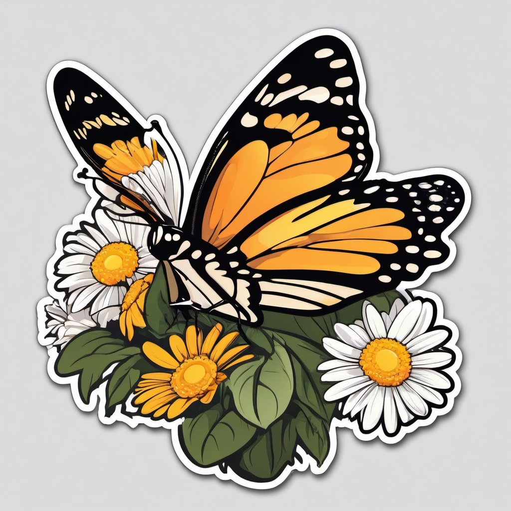 Butterfly and Daisies Sticker - Butterfly resting on daisies, ,vector color sticker art,minimal