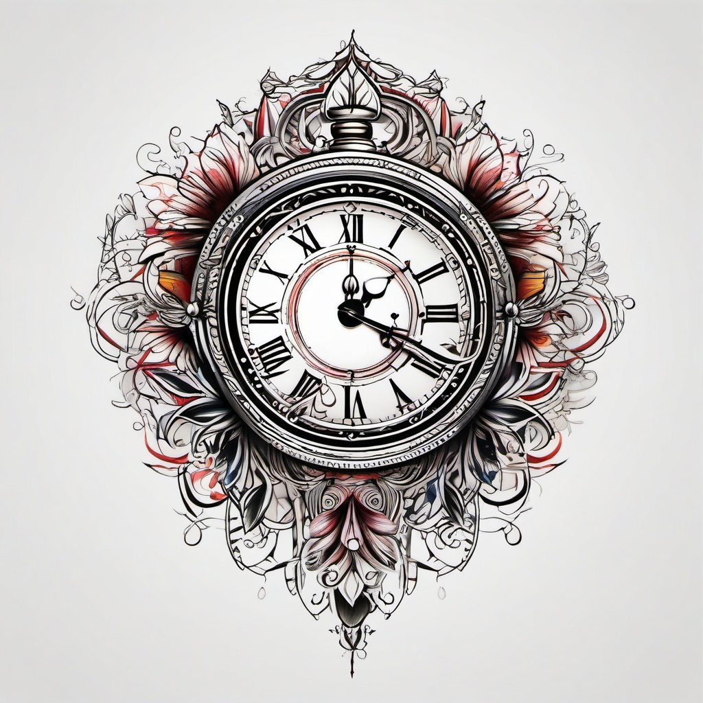 Clock Tattoo - A mysterious clock tattoo marking time  few color tattoo design, simple line art, design clean white background