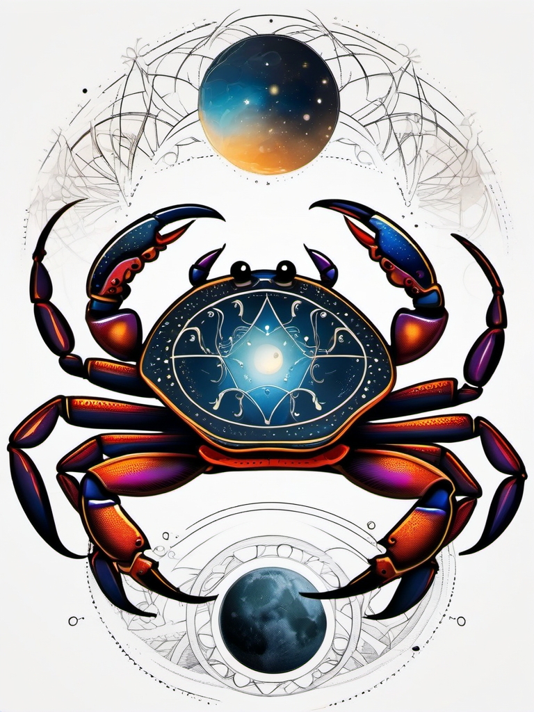 Crab with moon phases tattoo. Celestial connection to emotions.  color tattoo design, white background