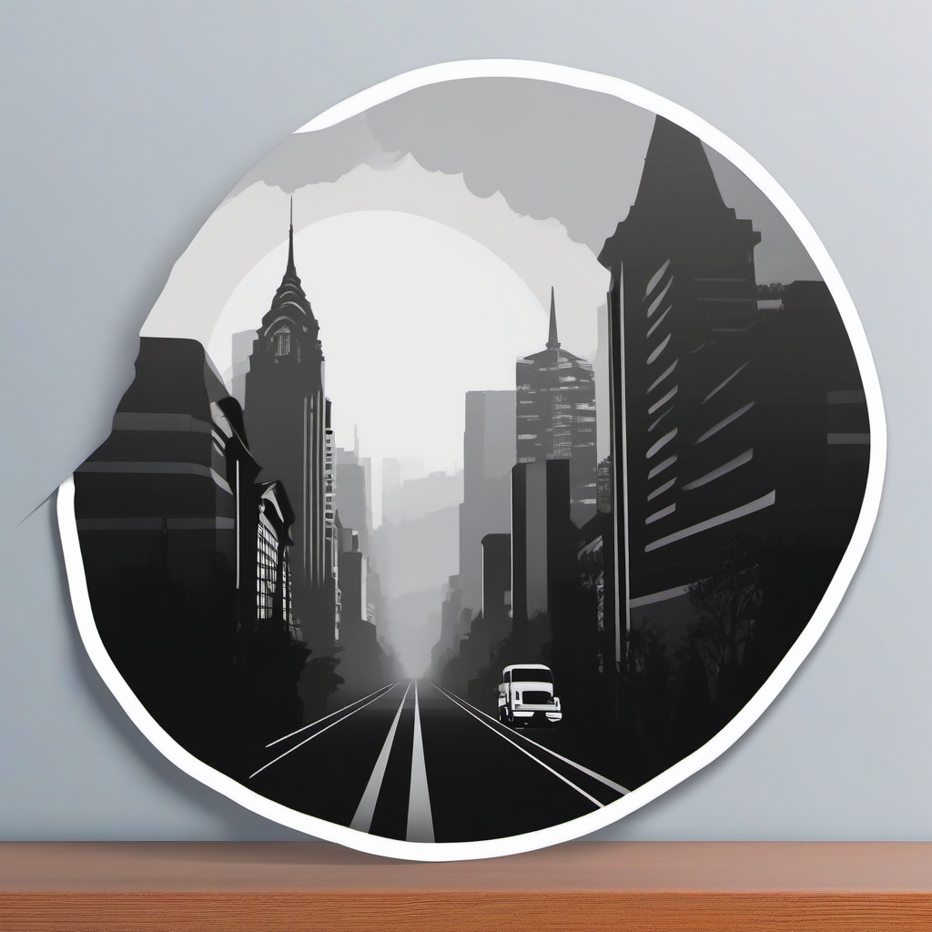 Foggy city street sticker- Urban mystique, , sticker vector art, minimalist design