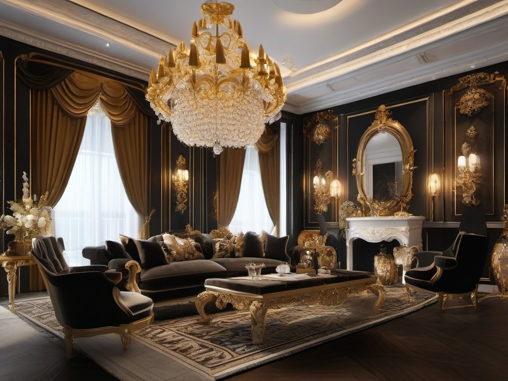 Baroque living room boasts ornate gold detailing, velvet drapes, and a crystal chandelier for a grand and luxurious look.  