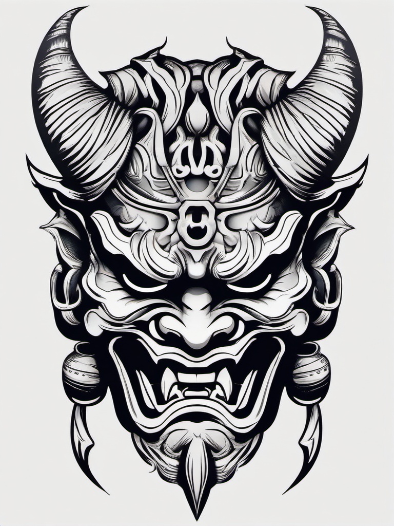 Oni Tattoo Mask - Tattoo featuring the powerful and fearsome Oni mask.  simple color tattoo,white background,minimal