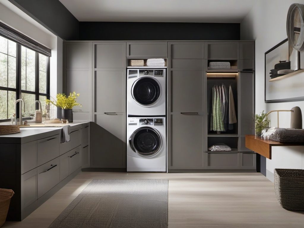 Bauhaus laundry room includes sleek cabinetry, industrial-style lighting, and a functional layout that emphasizes organization and simplicity.  