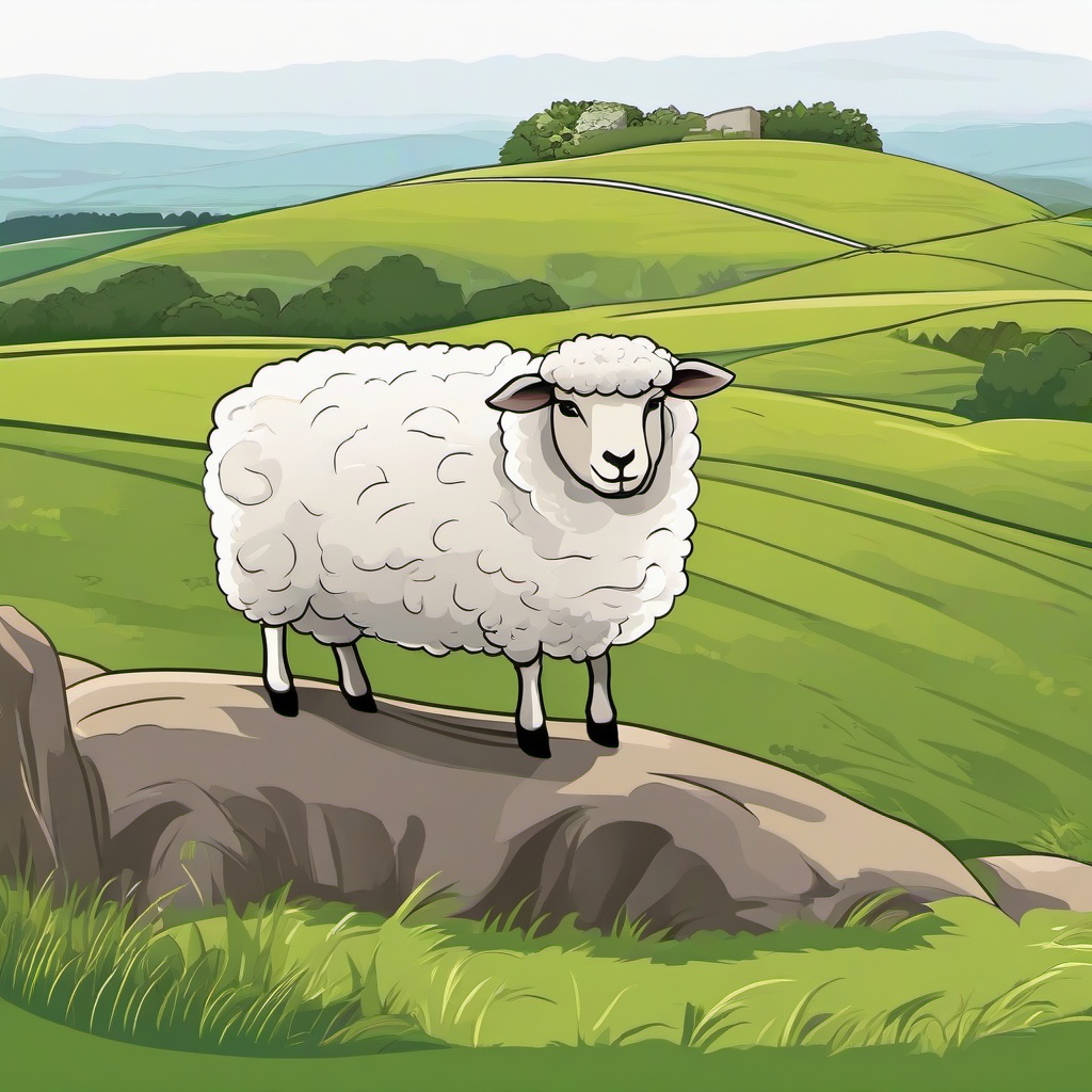 Sheep cartoon - Sheep resting on a grassy hillside  