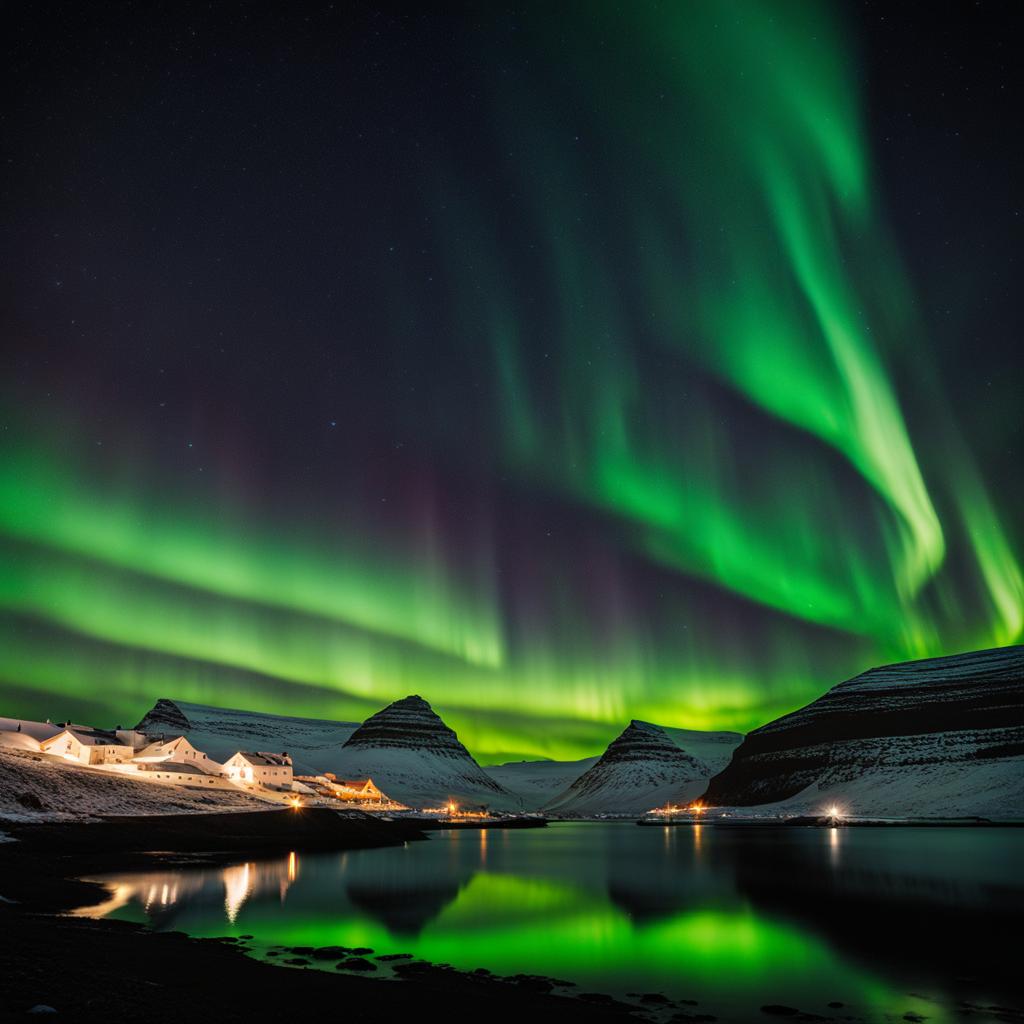 faroe islands - witnesses stunning northern lights displays over remote, rugged landscapes. 