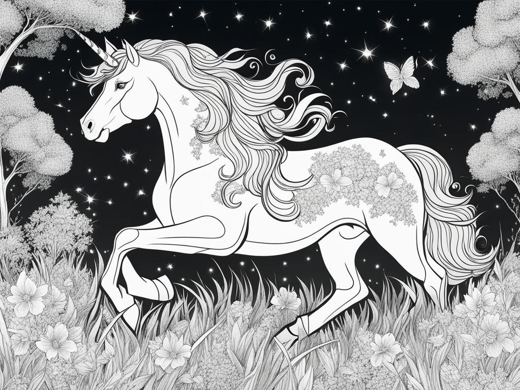 unicorn coloring pages - dazzling unicorn weaving through a field of fireflies, its presence igniting the night with magic. 