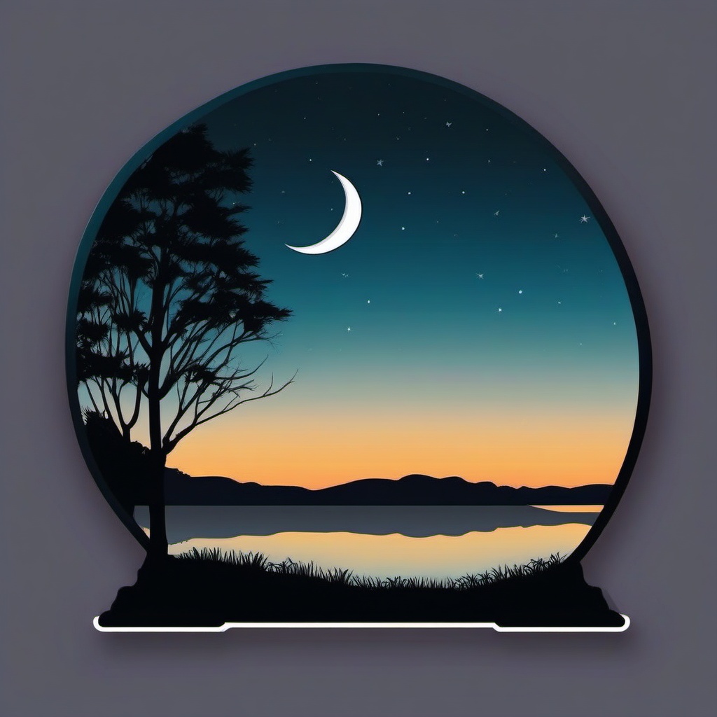 Moonlit Night Sticker - Tranquil night with a crescent moon, ,vector color sticker art,minimal