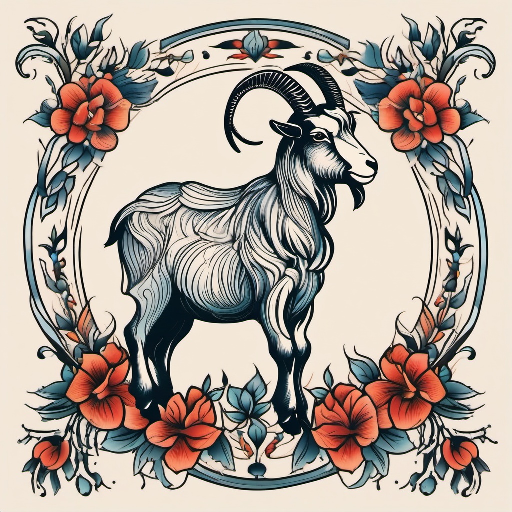 Goat Tattoo Traditional - A classic and traditional tattoo featuring a goat design.  simple color tattoo design,white background