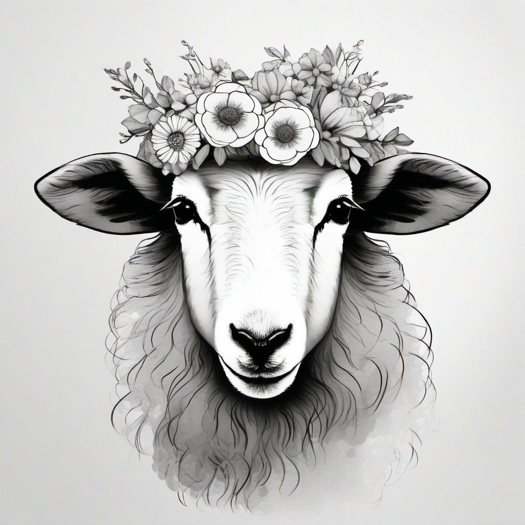 drawing of a sheep with a flower crown  minimal rough sketch scribbles,doodles,black and white