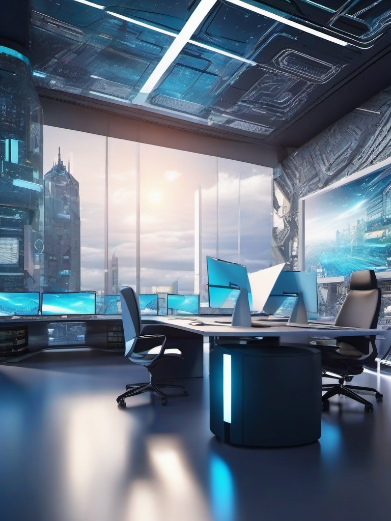 Computer Backgrounds - Futuristic Office Space in Silicon Valley HQ  wallpaper style, intricate details, patterns, splash art, light colors