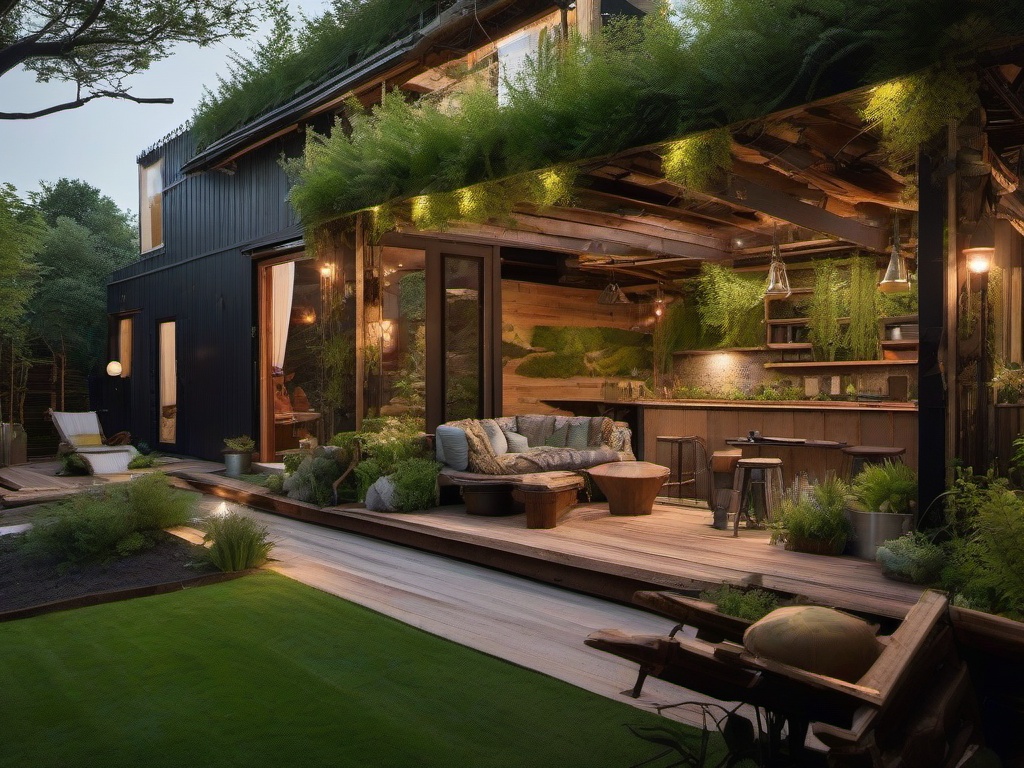 In the garden, Post-Apocalyptic interior design highlights reclaimed materials, wild greenery, and a rugged layout that creates a vibrant outdoor retreat for relaxation and enjoyment.  