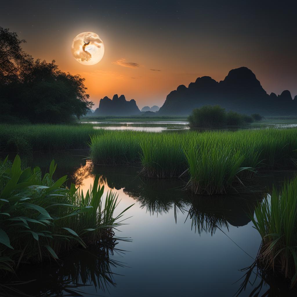 puzhehei - illustrate the enchanting night atmosphere of puzhehei, a wetland area with crystal-clear waters and karst formations, where the moonlight dances on the lakes. 