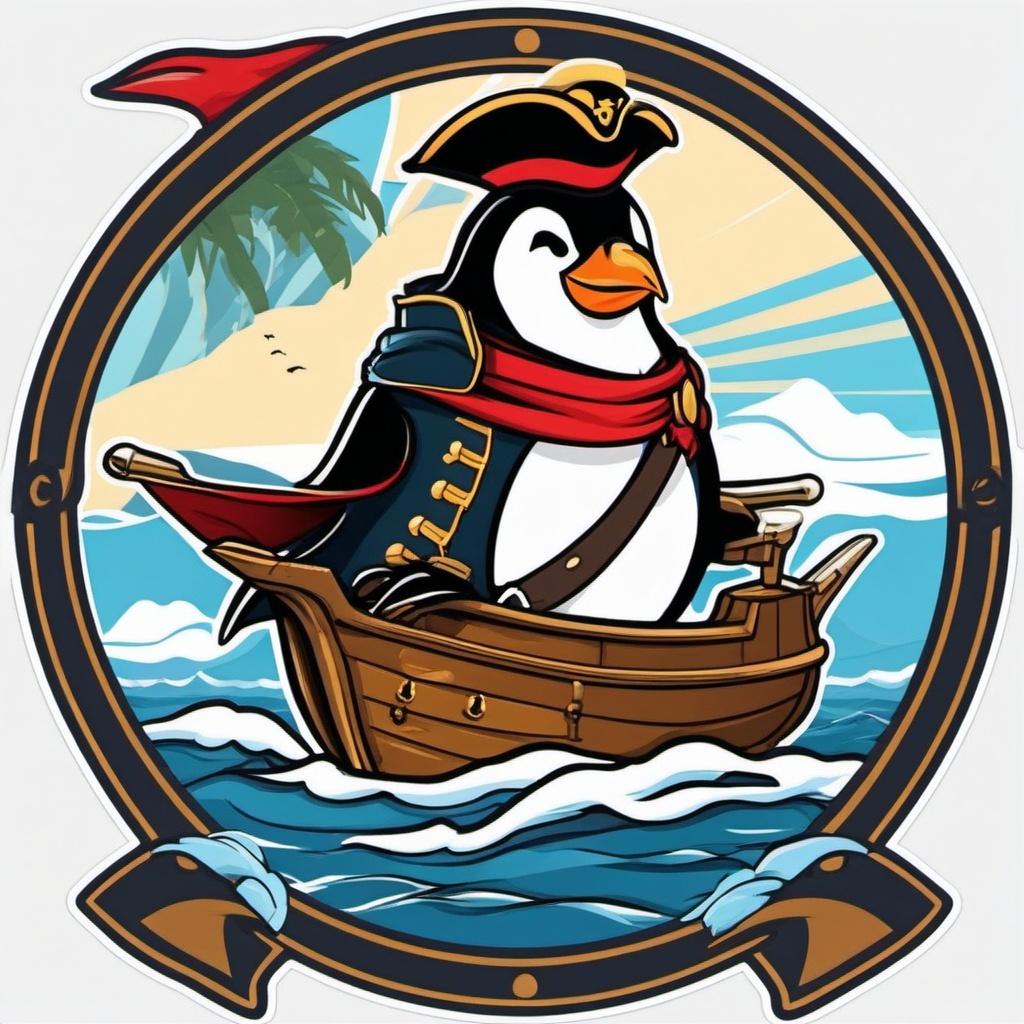 Penguin Pirate Ship Sticker - A penguin captain sailing a pirate ship on the high seas. ,vector color sticker art,minimal