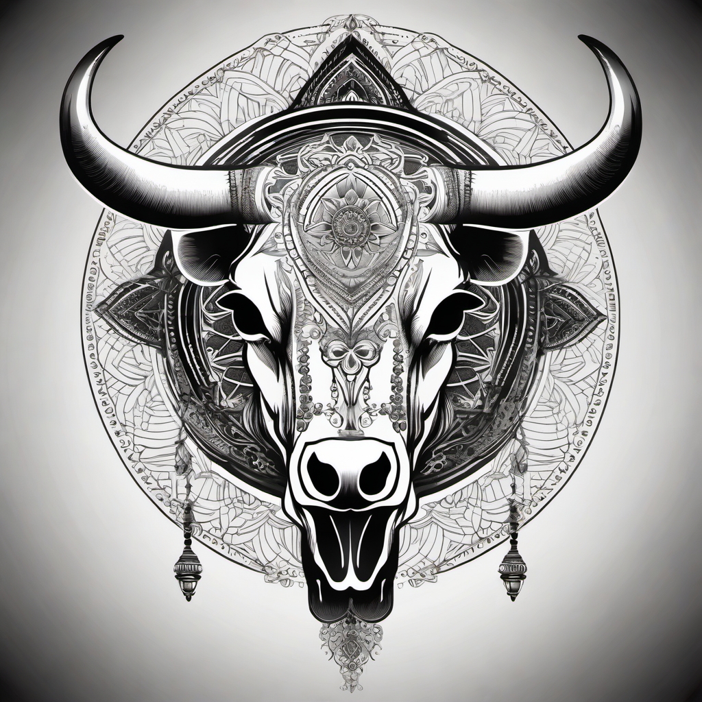 Cow skull with mandala design: Spiritual energy, sacred geometry.  black and white tattoo style