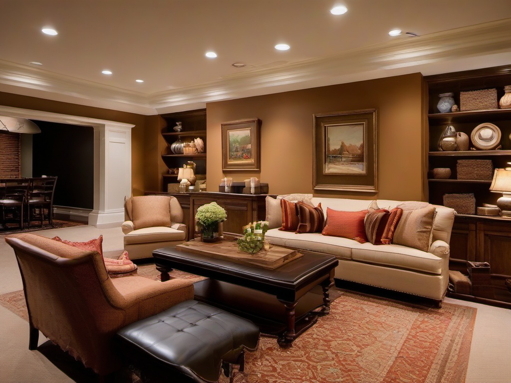 The basement highlights American Colonial interior design with classic furnishings, warm colors, and elegant accents that create a cozy space for entertainment and relaxation.  