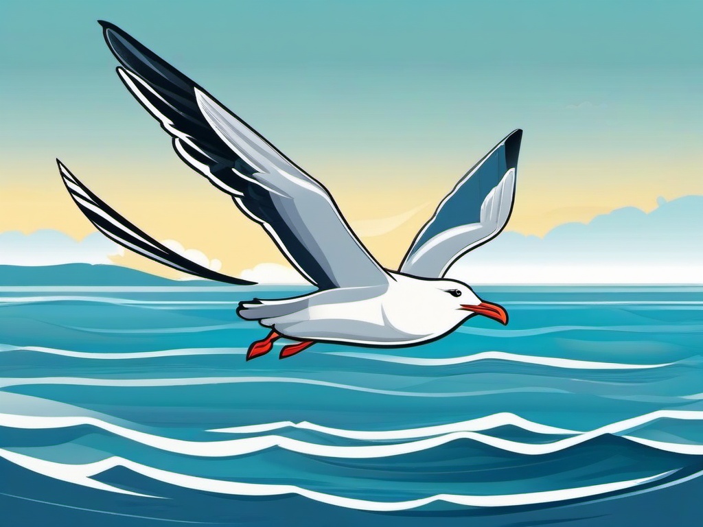 Seagull Cartoon - Cartoon of seagull flying over ocean  