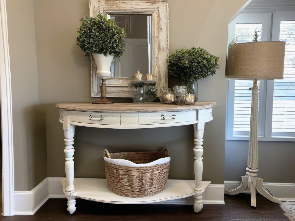 Shabby Chic entryway features a distressed console table, romantic decor, and vintage accents, offering a cozy and stylish environment for greeting guests.  