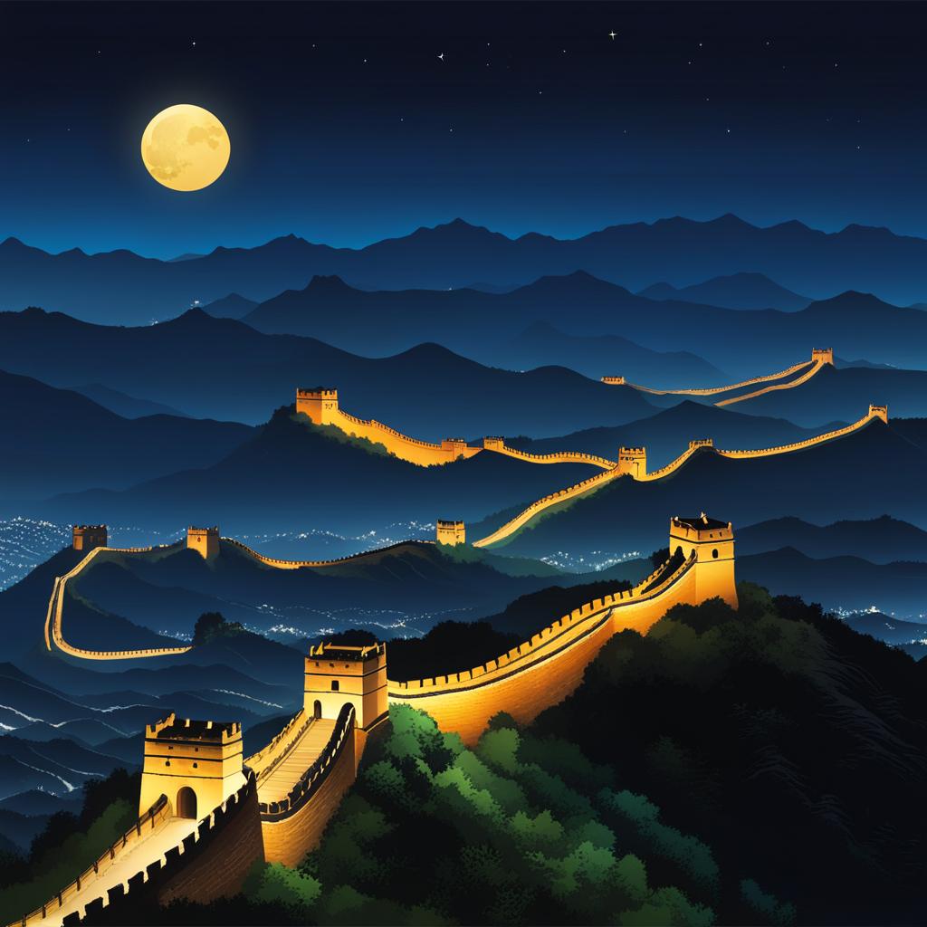 jinshanling great wall - illustrate the historic night view of jinshanling great wall, where the ancient fortifications and watchtowers are softly illuminated. 