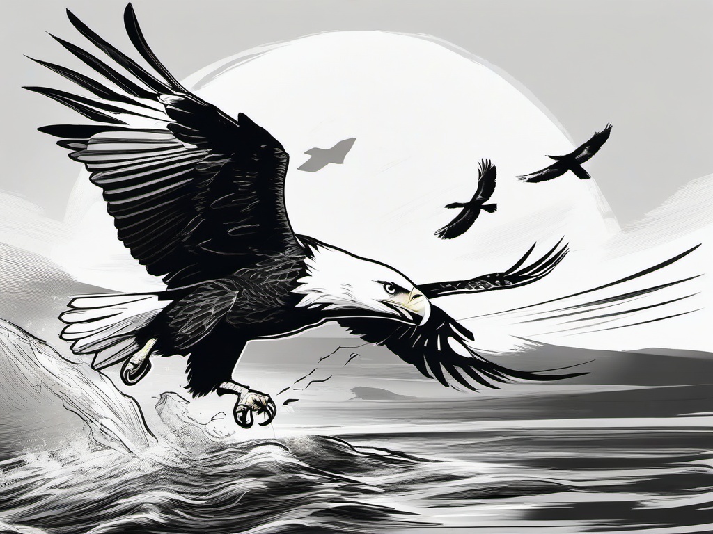 drawing of an eagle catching fish  minimal rough sketch scribbles,doodles,black and white