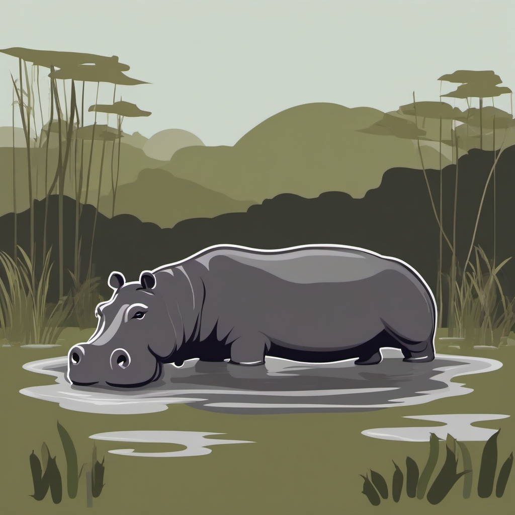 Hippopotamus Clipart - Hippopotamus wallowing in a muddy swamp , minimal, 2d